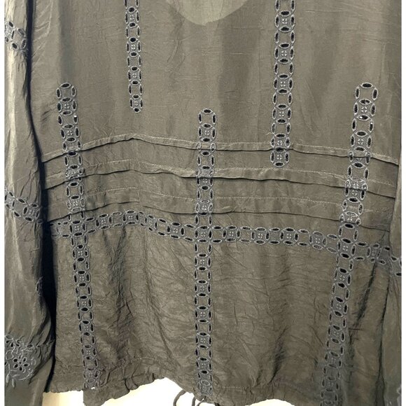 Johnny Was Black Embroidered Button-Front Blouse Roll Tab Sleeve Waist Tie Small - Picture 8 of 11